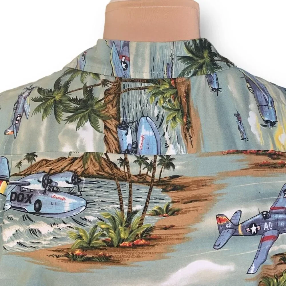 Vintage RJC Shirt Tropical Hawaiian Printed‎ Classic Airplane Green Boxy Camp XL